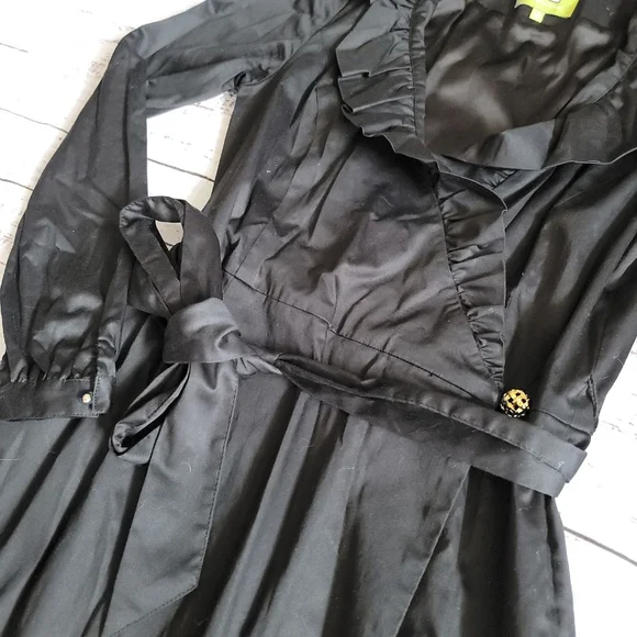 Elizabeth Mckay Scotland Wrap Dress Black Belted Ruffle Neckline Knee Length 6 - Picture 2 of 7